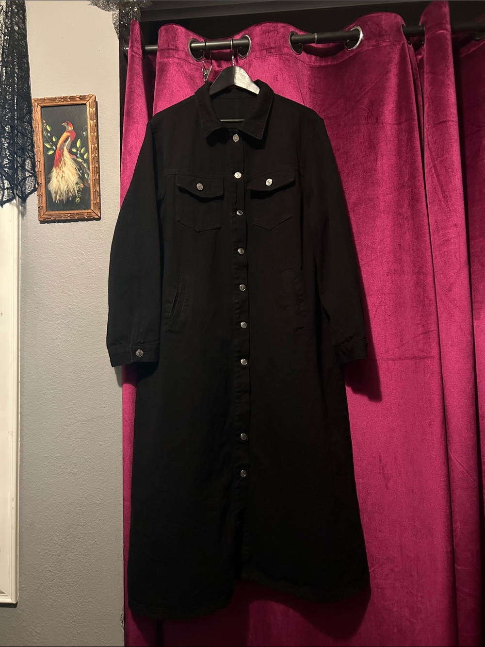 Classic Black Button-Front Long Sleeve Denim Dress